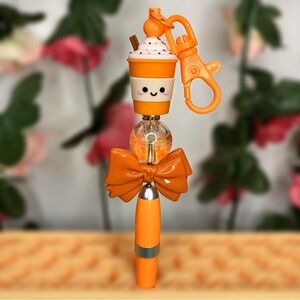 Kawaii Pumpkin Spice Latte Coffee Handmade Beaded Keychain Pen with Plastic Bow